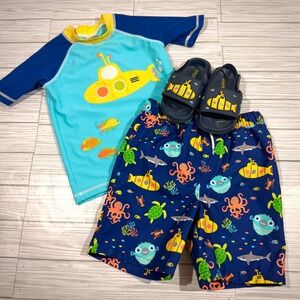 Gymboree Boys Submarine Swim Set Rash Guard Trunks and Slides 3pc Blue Yellow 4T